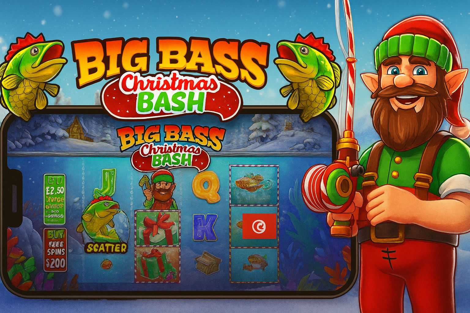 Slot festif Big Bass Christmas Bash avec pêcheur, neige et cadeaux tunisiens